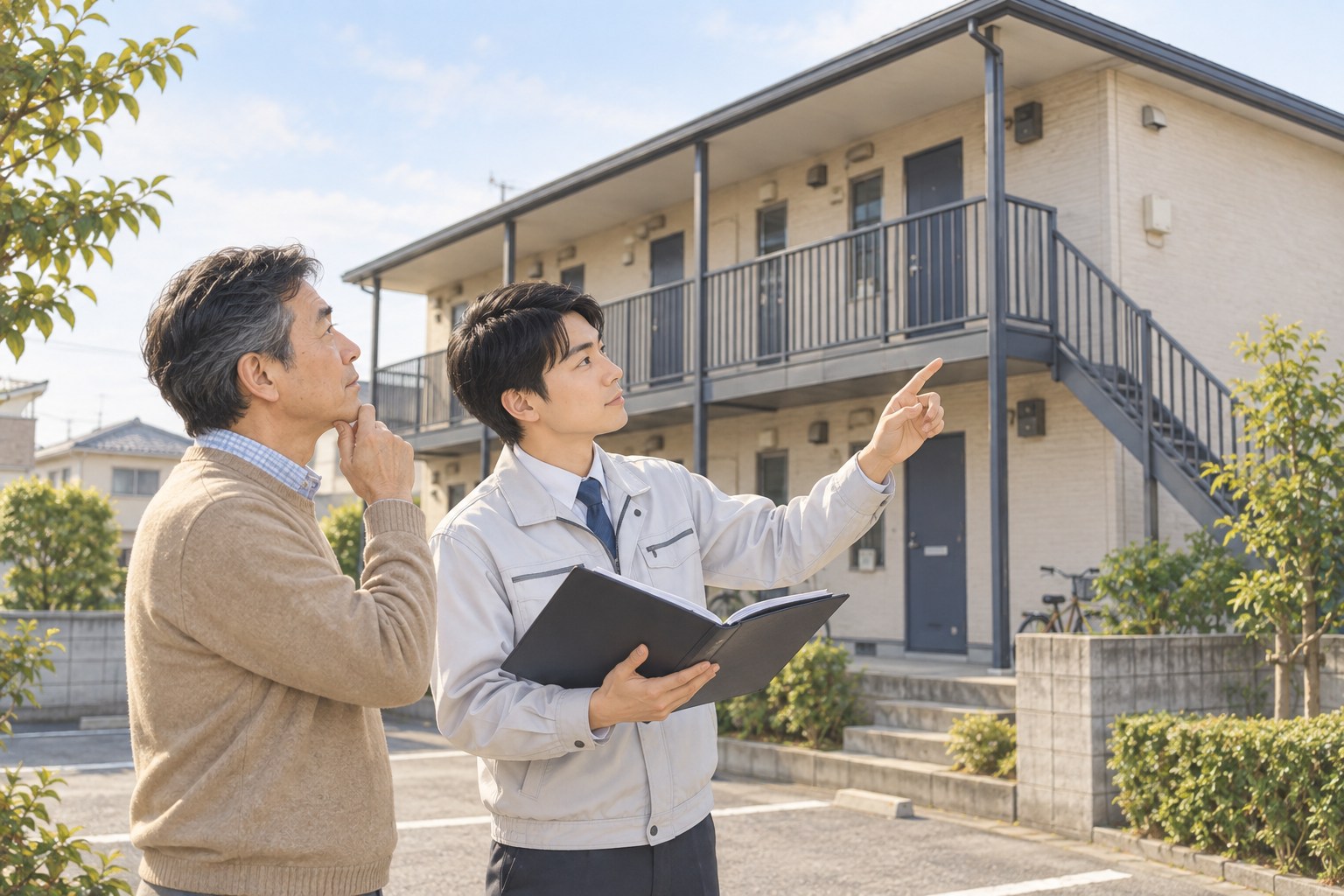 アパートの外観を見ながら修繕計画を相談するイメージ