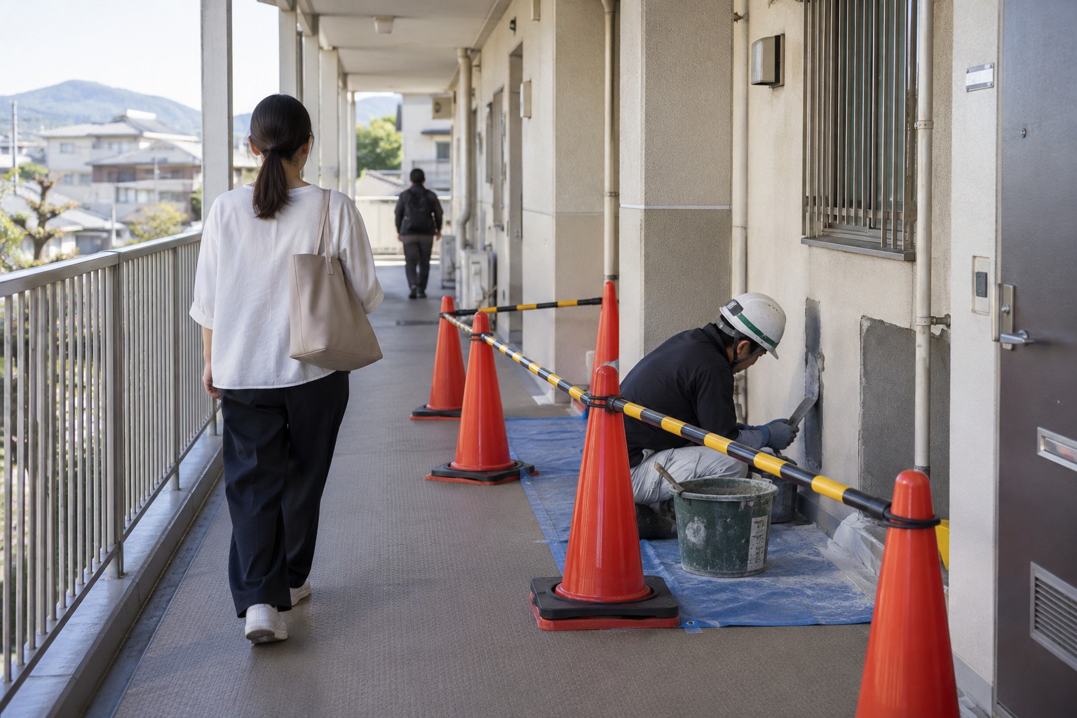 アパート共用部の工事場所と通行経路のイメージ