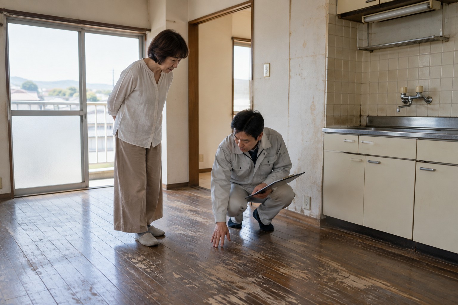 退去後の部屋の床と設備を確認するイメージ