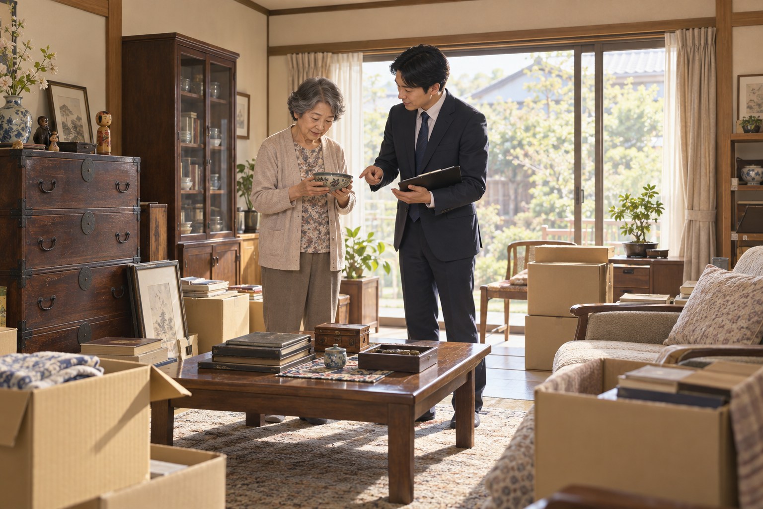 家財が残った古い住宅を所有者と担当者が確認するイメージ