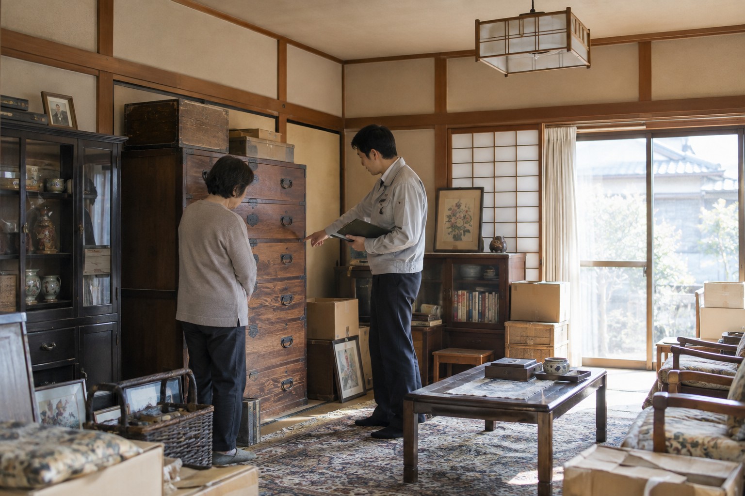 家財が残った部屋を所有者と担当者が確認するイメージ