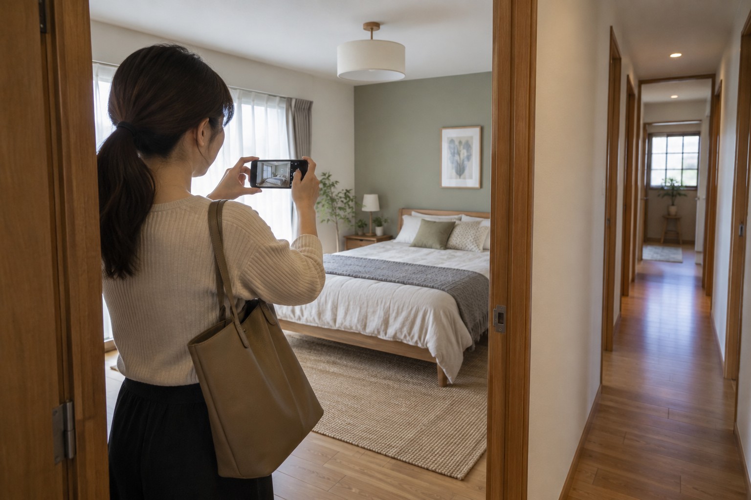 室内の全体と入口をスマートフォンで撮影するイメージ
