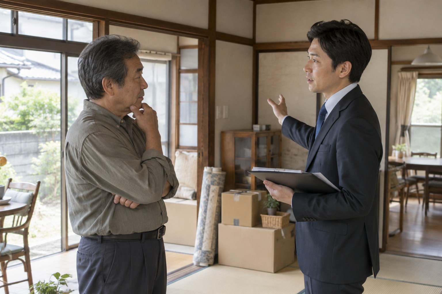 家財整理の負担を住宅の担当者へ相談するイメージ