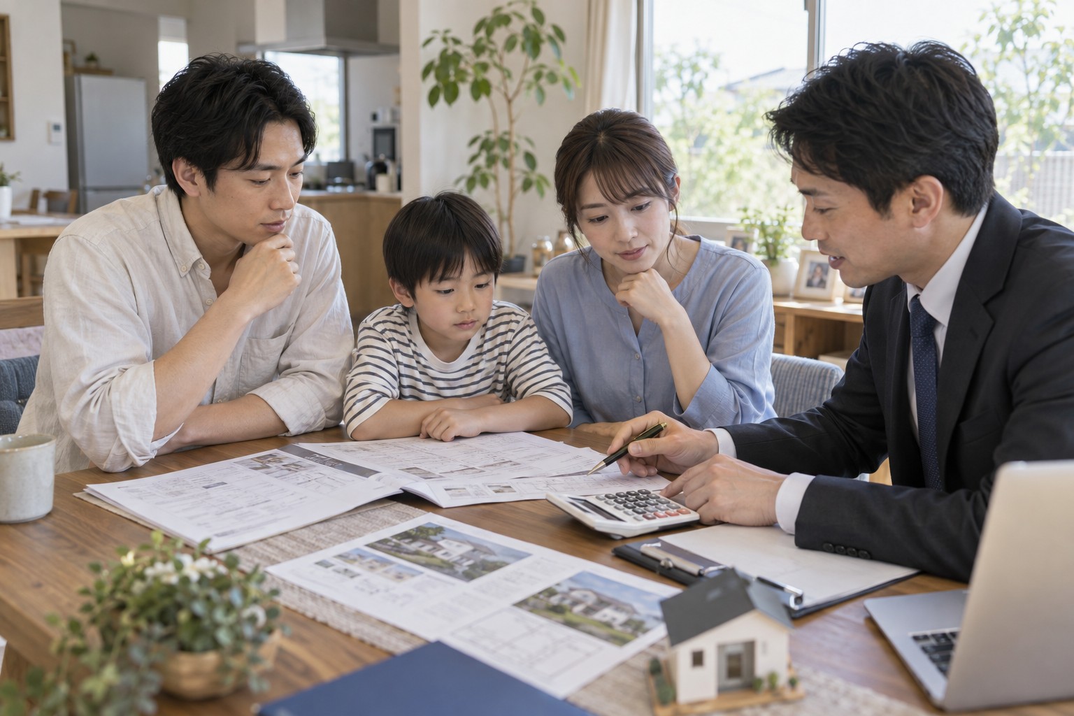 家族と担当者が査定資料と費用を確認するイメージ