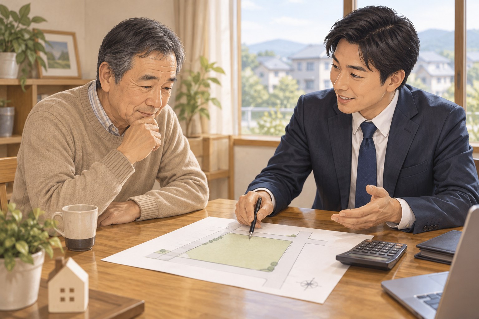 土地図面と電卓を使って売却価格を相談するイメージ
