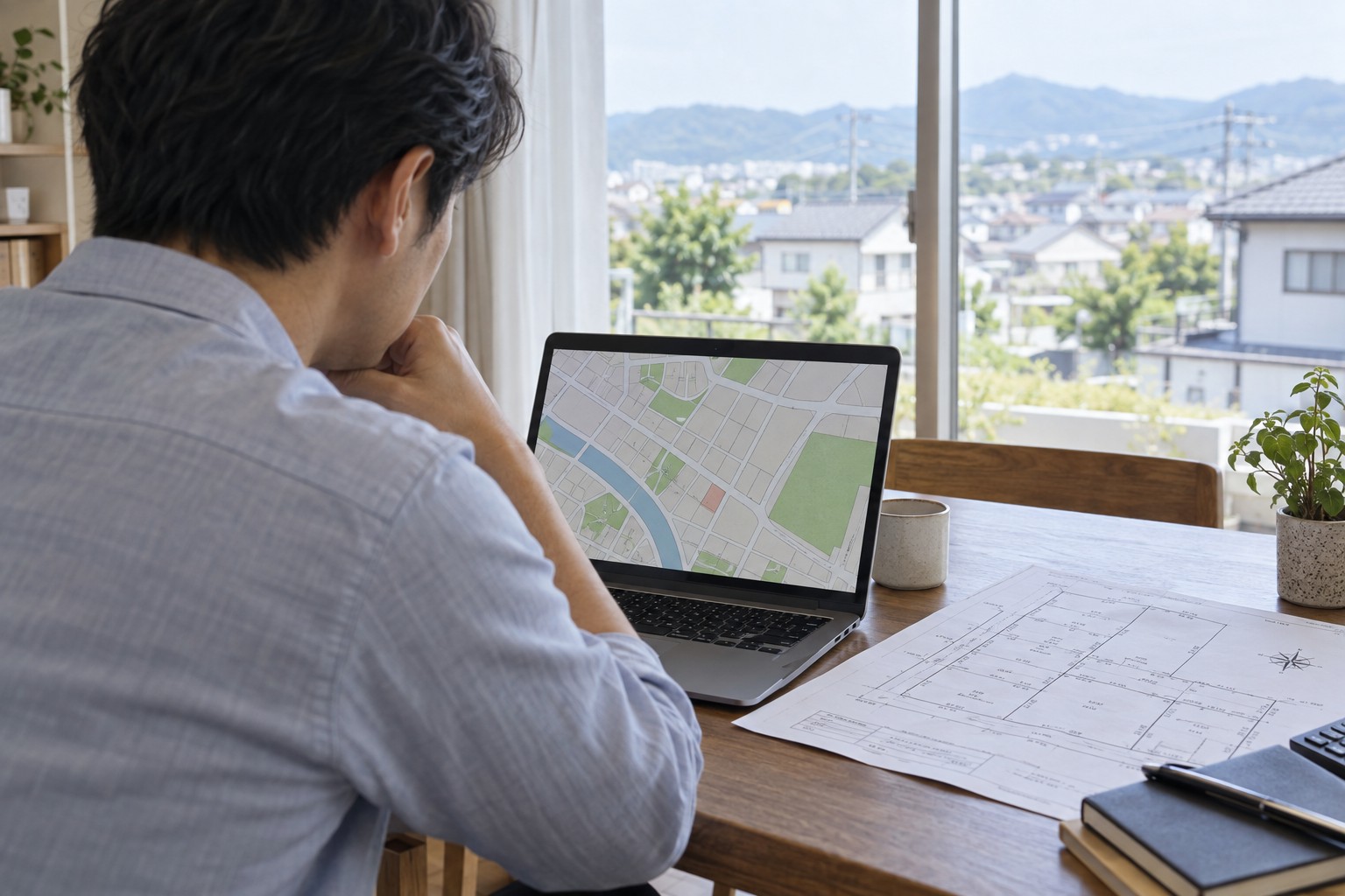 地図と土地資料をパソコンで確認するイメージ