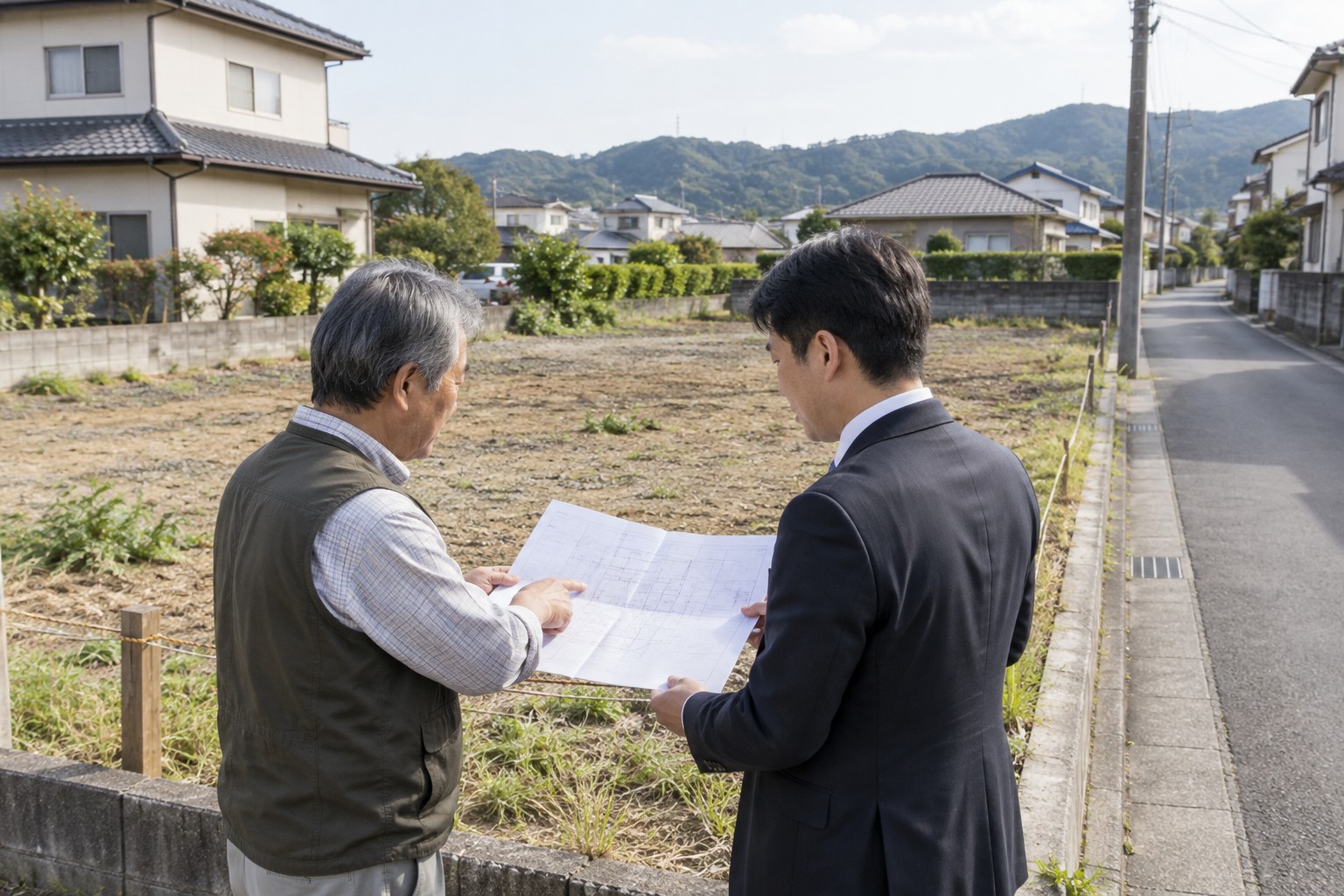 敷地で図面を見ながら売却条件を相談するイメージ