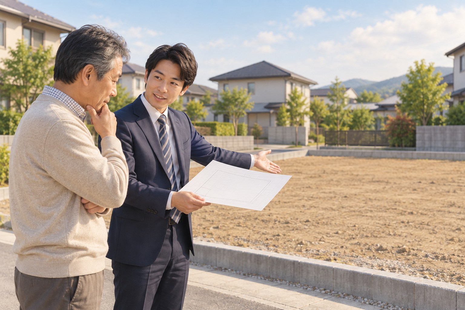 地主と担当者が土地の活用条件を相談するイメージ
