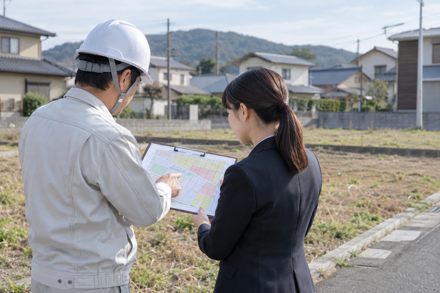 土地の現地で用途と図面を確認するイメージ