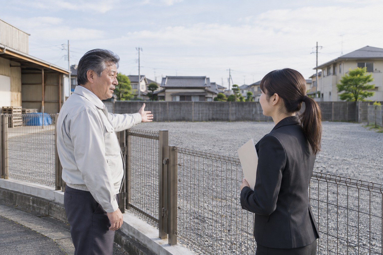 地主と借主が貸地の用途を現地で相談するイメージ