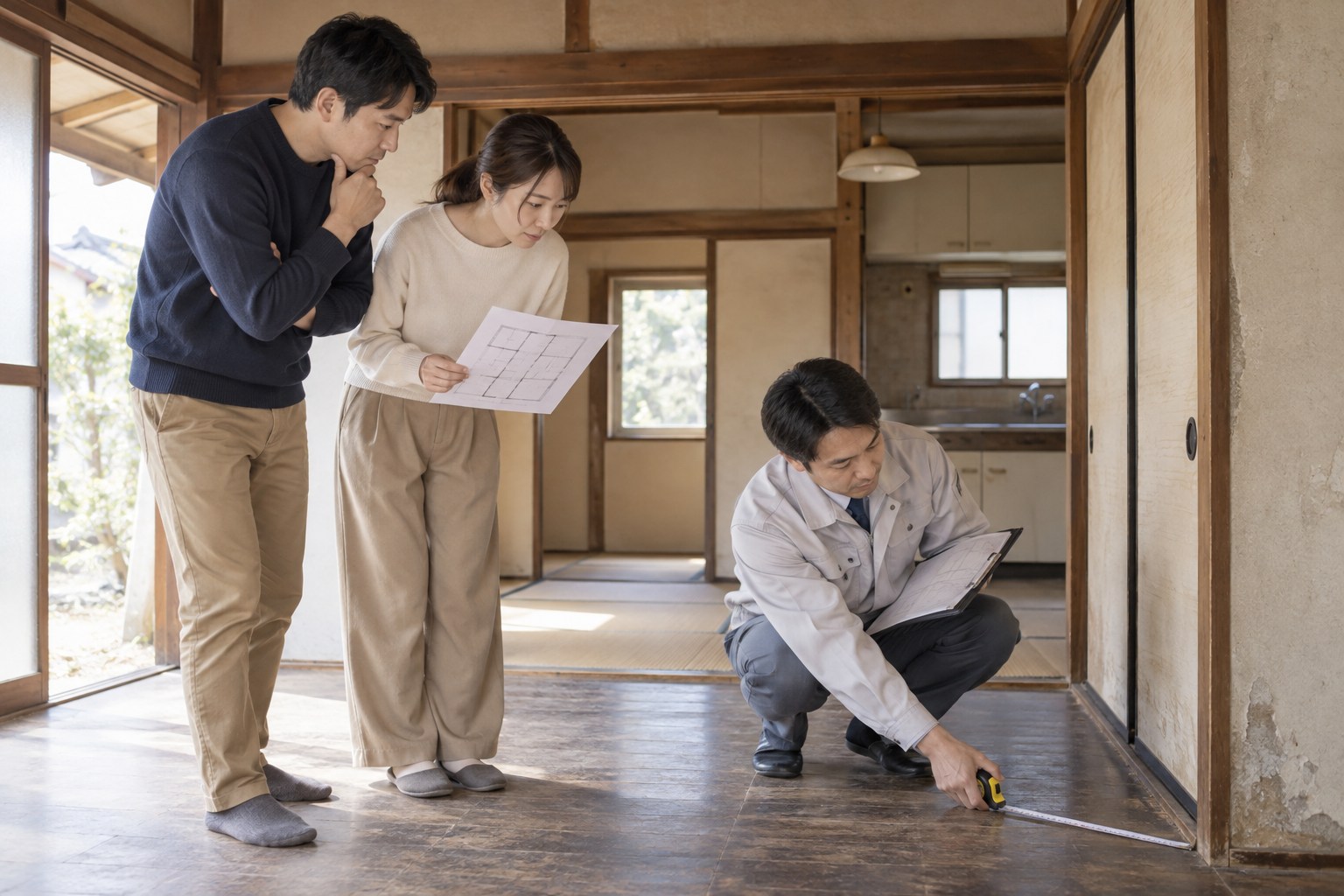 購入候補の中古住宅で建物の状態を確認するイメージ