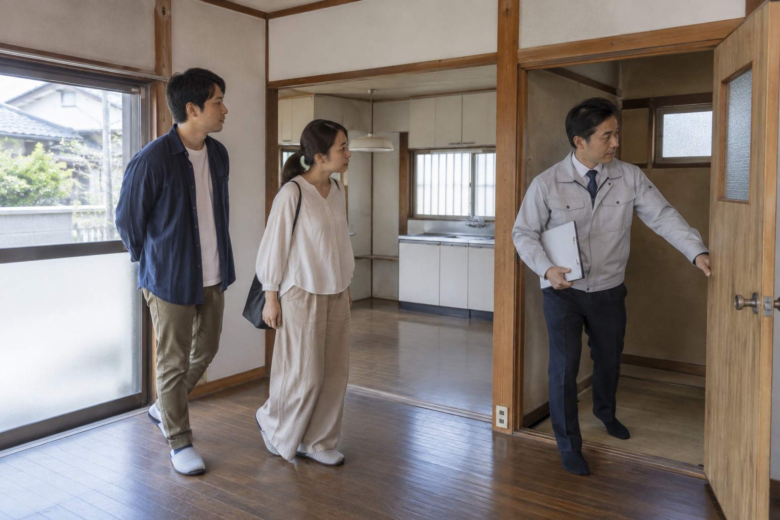 購入候補の中古住宅へ担当者と現地調査に入るイメージ