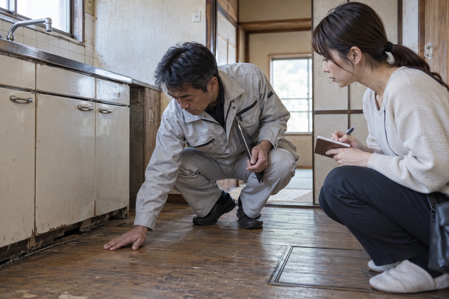 中古住宅の床と設備の状態を確認するイメージ