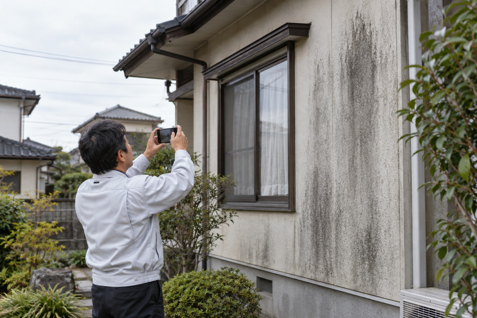 安全な地上から住宅の外壁を撮影するイメージ