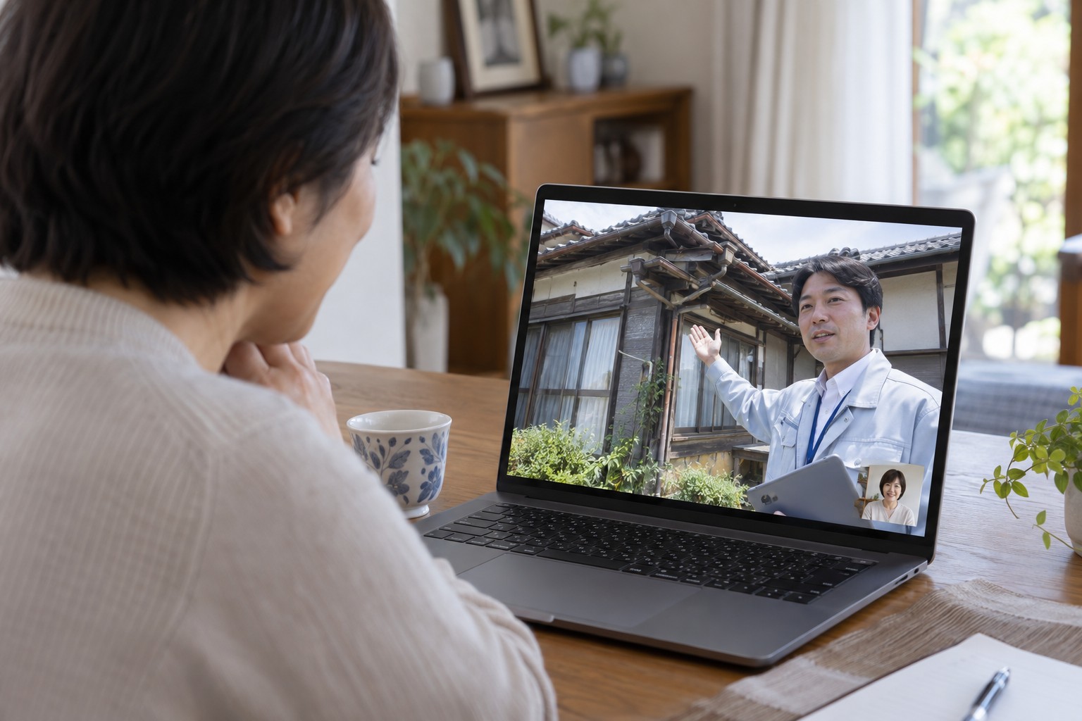 遠方の所有者と現地の担当者がオンラインで相談するイメージ