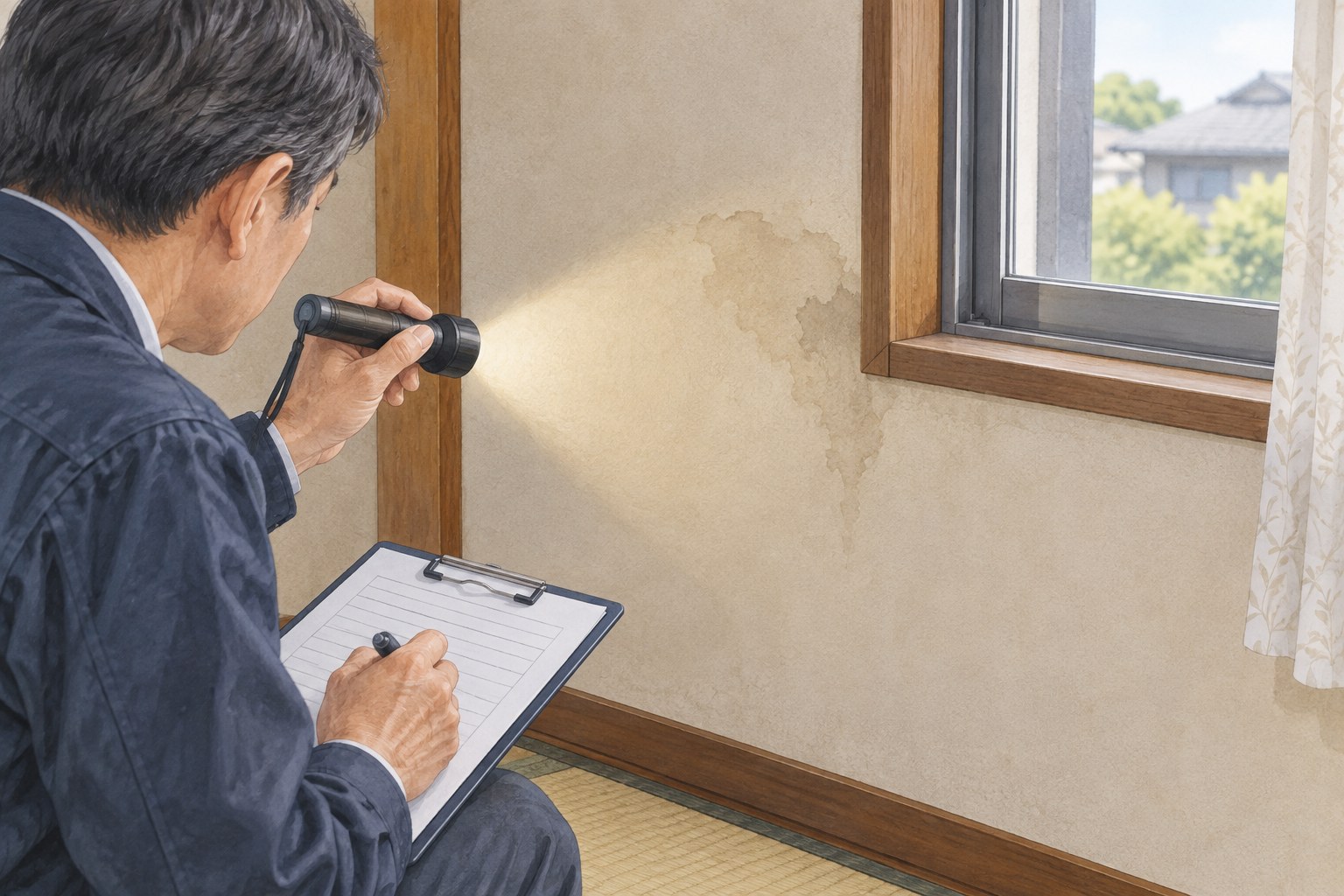 住宅の壁の染みを記録して建物の状態を確認するイメージ