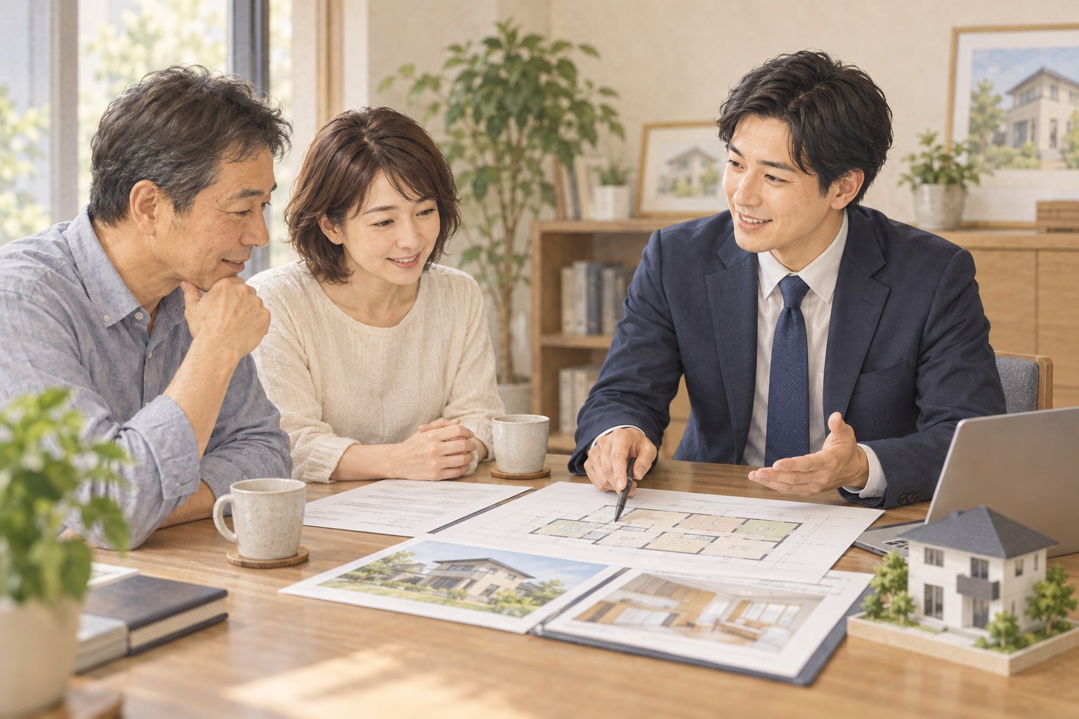所有者と担当者が住宅図面を見ながら相談するイメージ