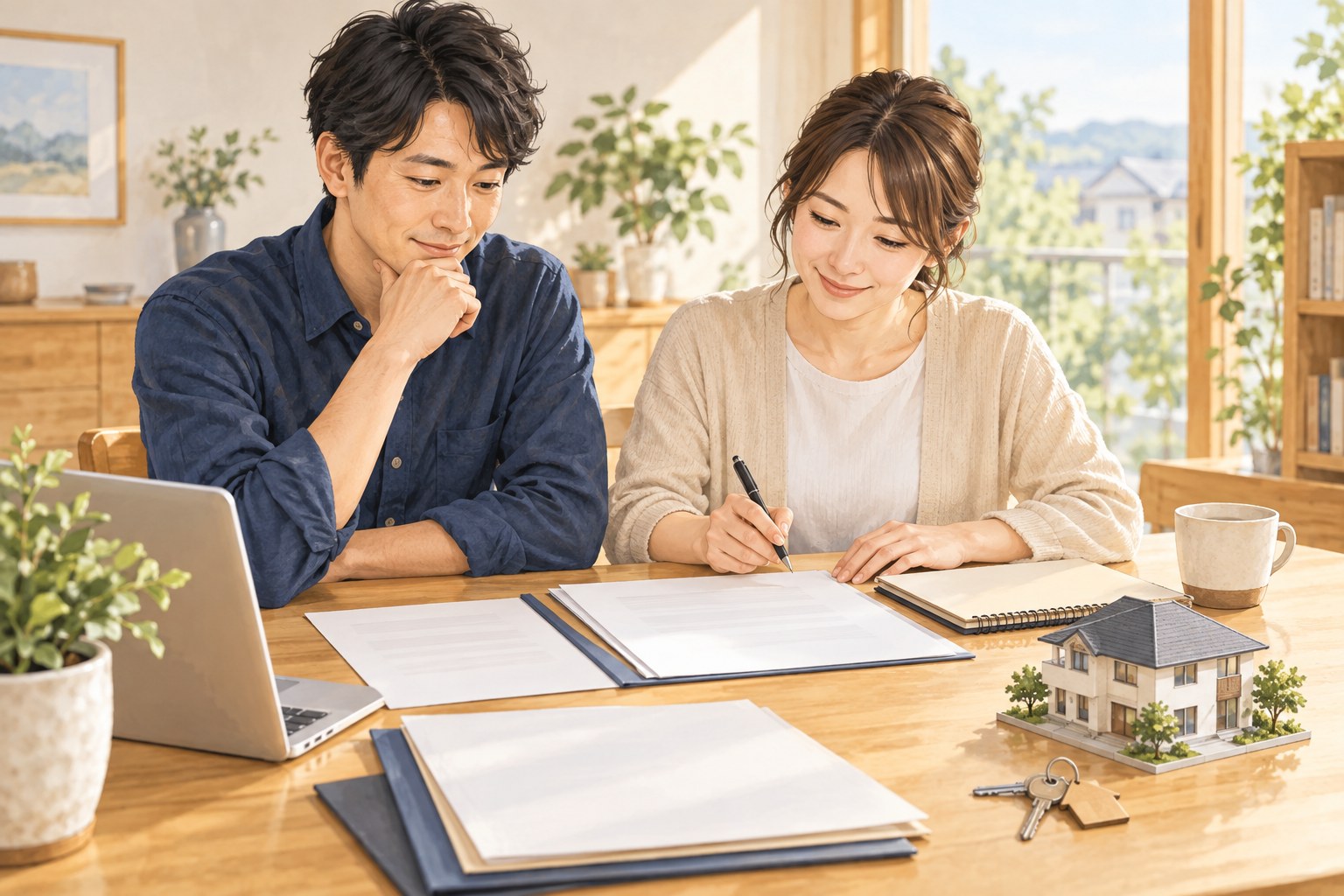 住宅模型と書類を並べて不動産査定の相談に備えるイメージ