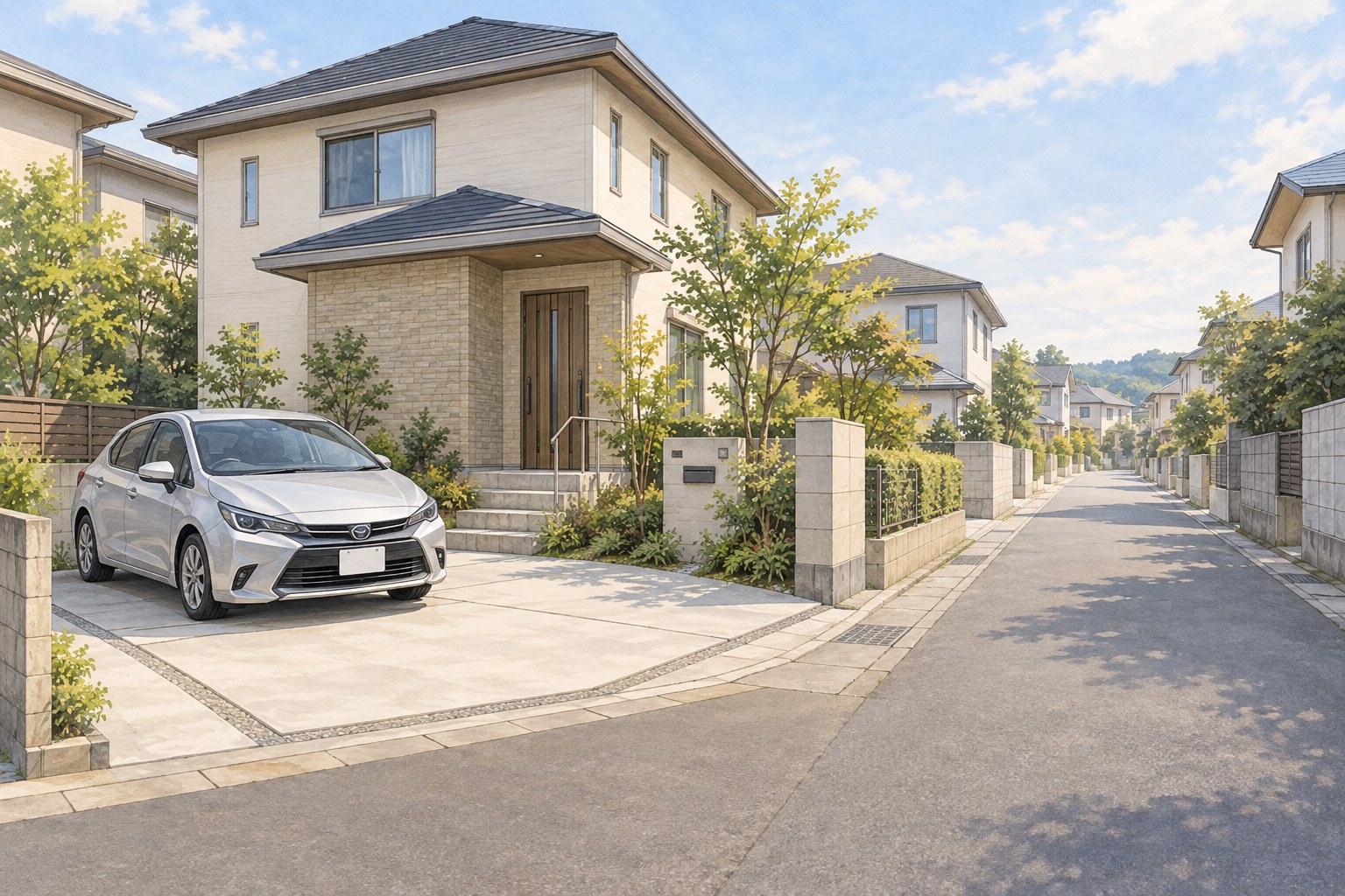 住宅の前面道路と駐車スペースを確認するための架空の住宅イメージ