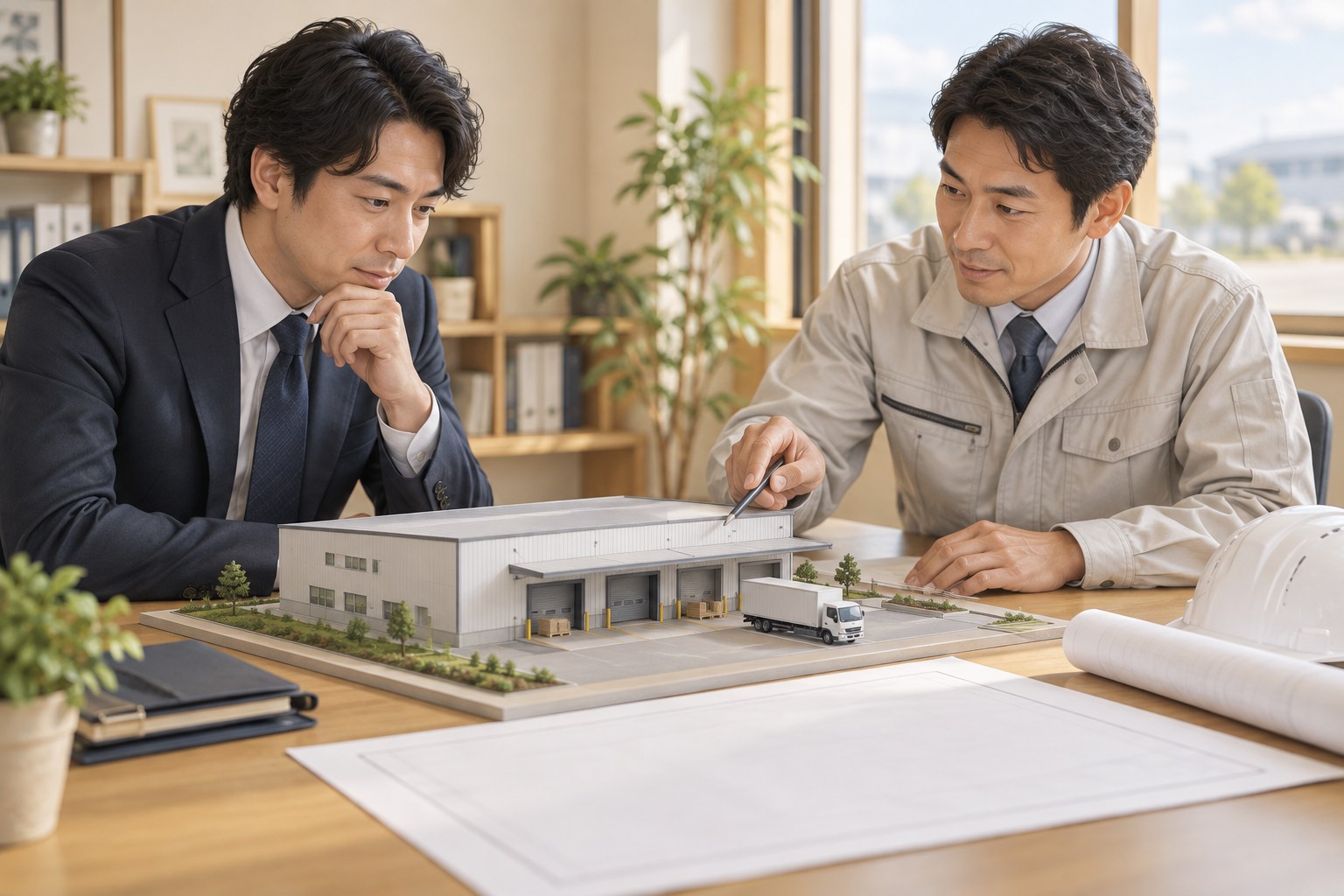 事業者と担当者が倉庫の模型と計画図を確認するイメージ