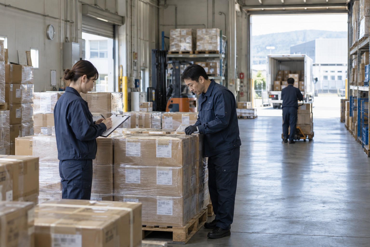 倉庫の入庫場所で荷物を検品するイメージ