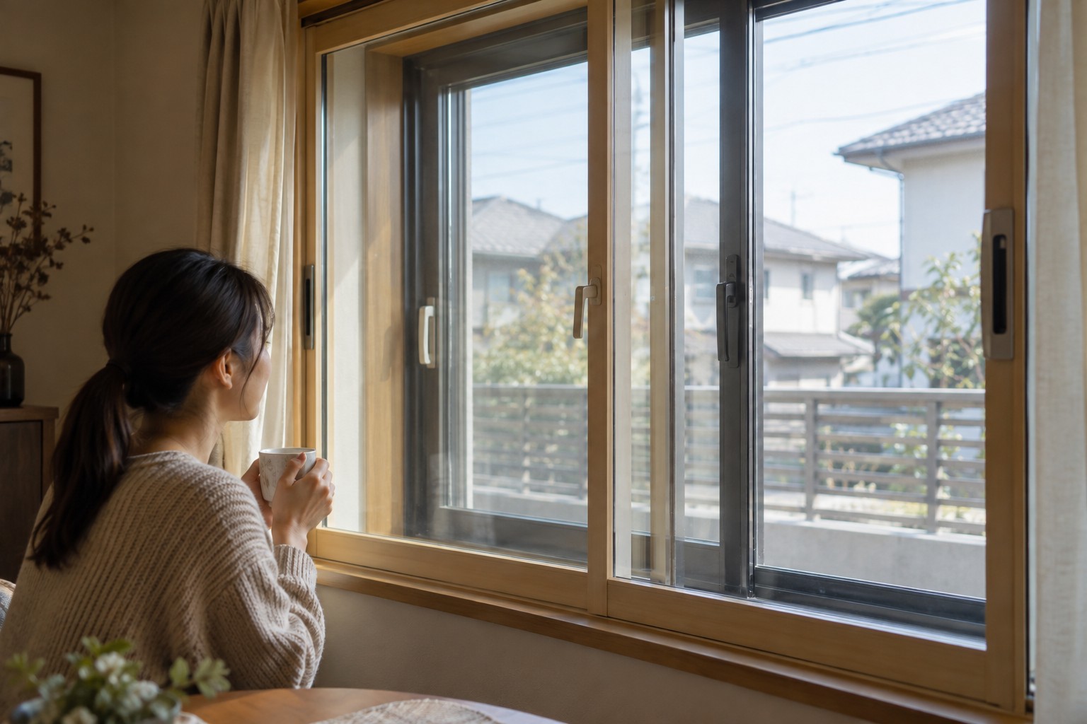 外窓と室内側の内窓の二つの枠が見える架空の窓