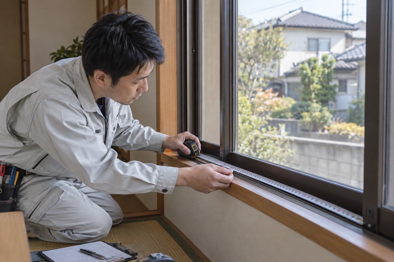 窓交換前に既存の枠と周囲を確認するイメージ