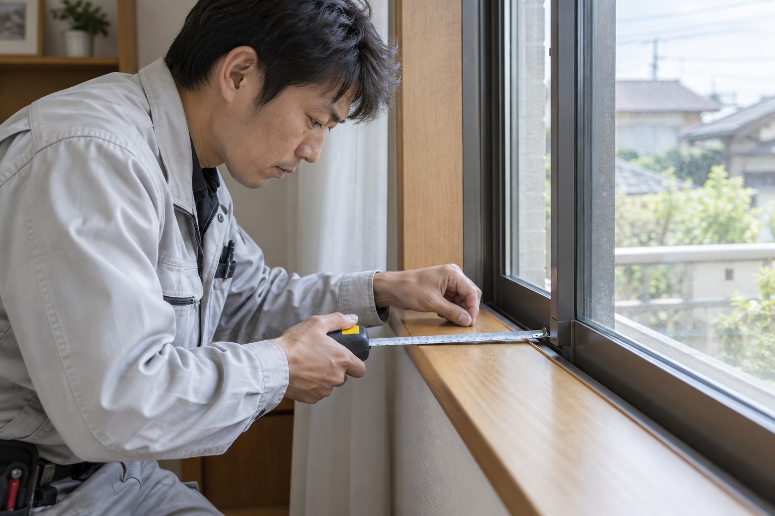 窓枠の奥行きと納まりを測るイメージ