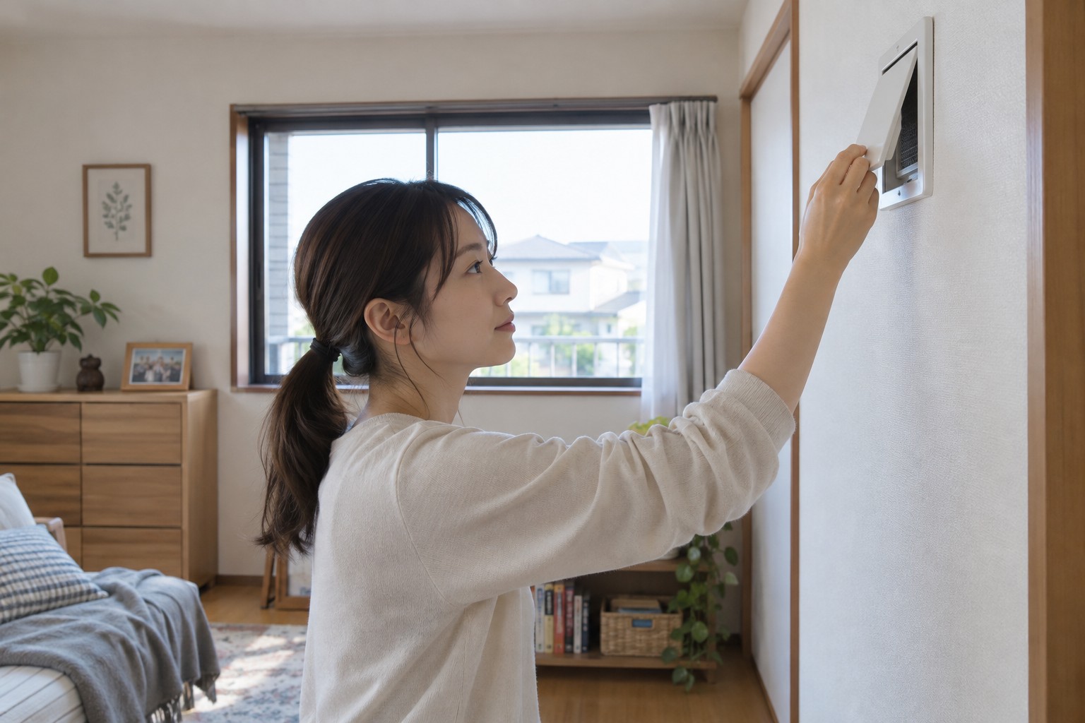 室内の換気口を開けて換気条件を確認するイメージ
